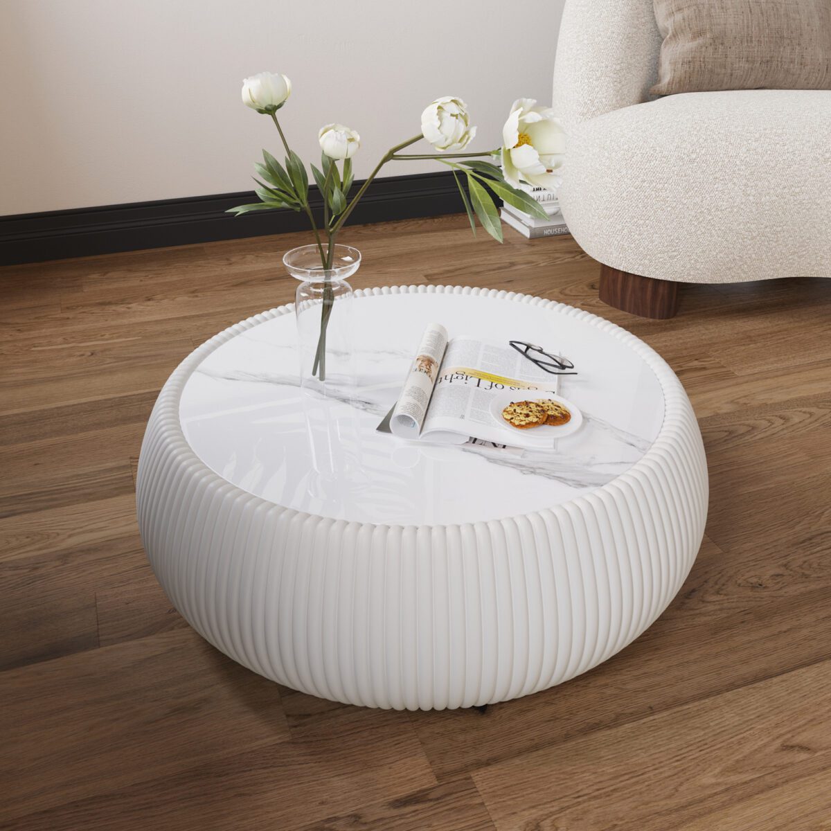 White Round Faux Marble Coffee Table with Vertical Fluted PU Leather Hollow Drum Base, Modern Minimalist Living Room Center Table - Image 5