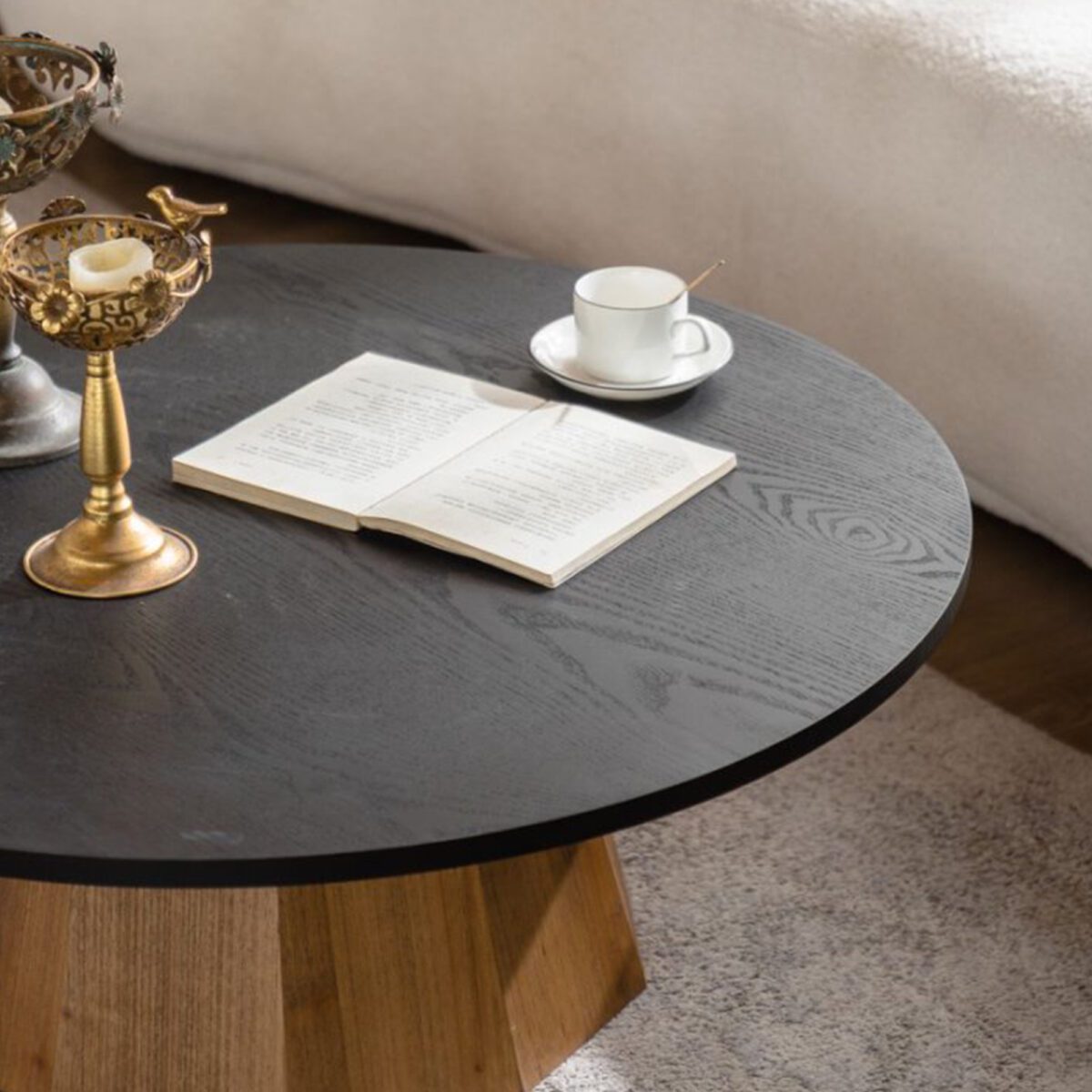 Two-Tone Round MDF Coffee Table - Modern Pedestal Accent Table with Wood Veneer Finish - Image 4