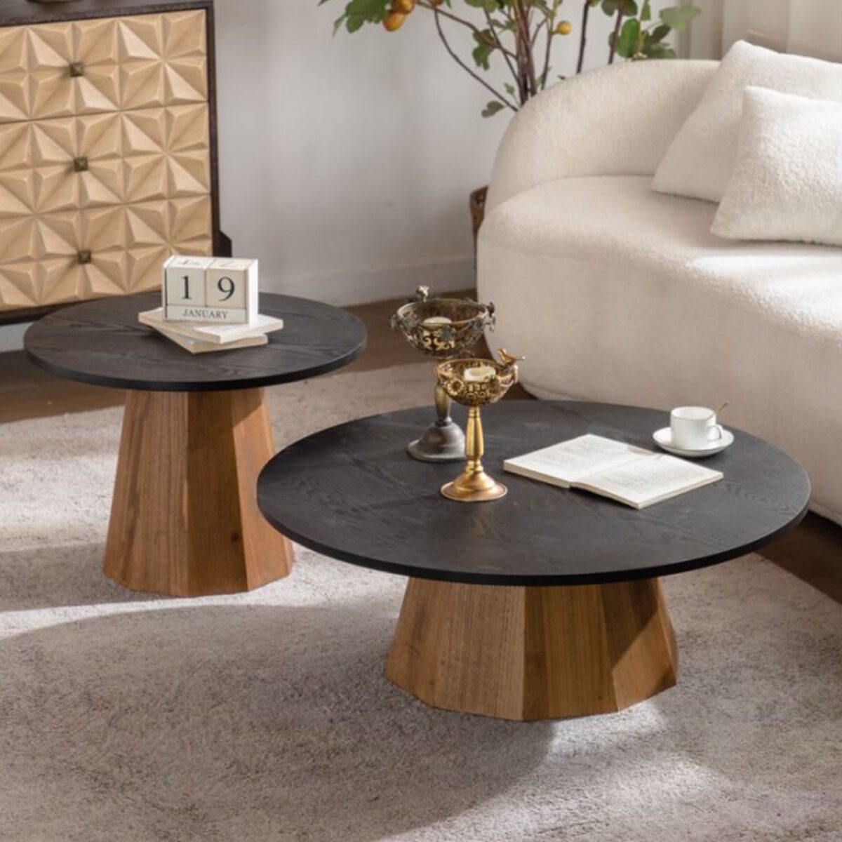 Two-Tone Round MDF Side Table - Modern Faceted Pedestal Accent Table - Image 4
