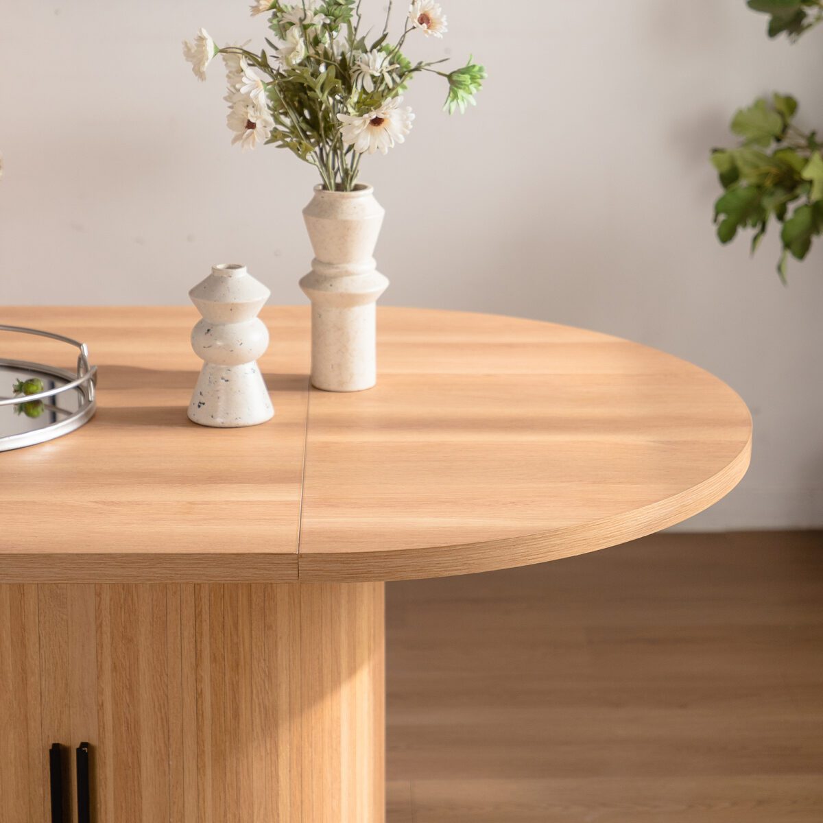 Oval MDF Dining Table with Storage Cabinet, Fluted Pedestal Wood Grain Kitchen Table - Image 3