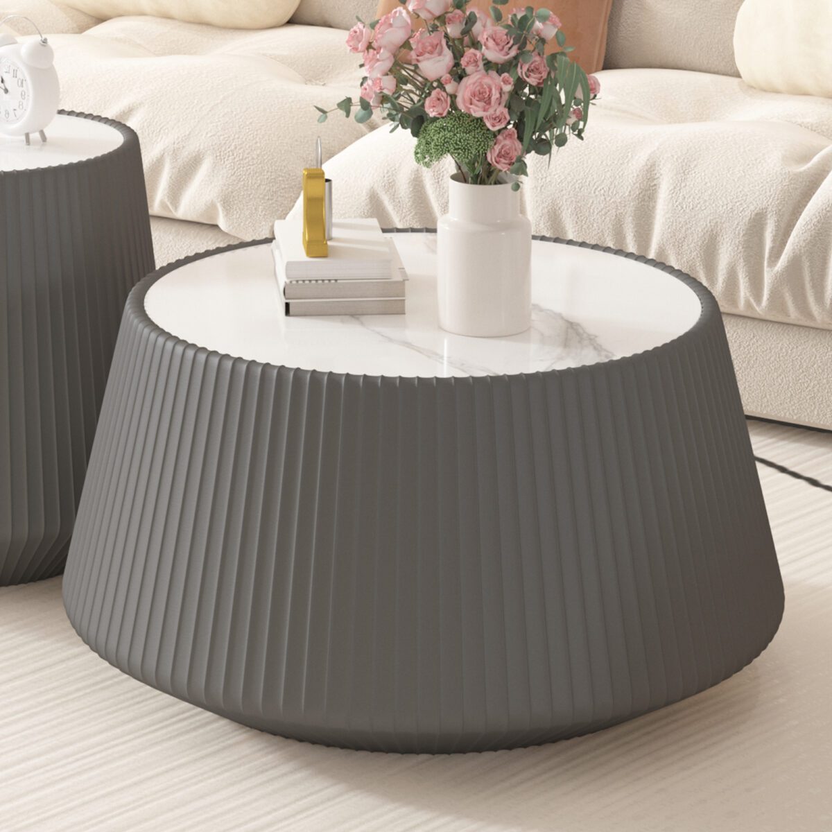 Round Faux Marble Top Coffee Table with Vertical Fluted PU Leather Wrapped Drum Base, Modern Minimalist Accent Table - Image 5
