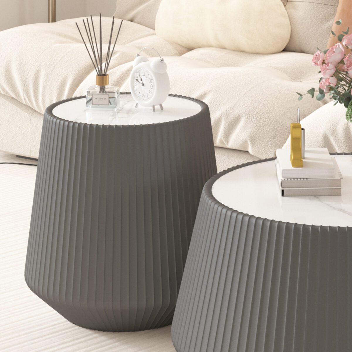 Round Faux Marble Top Side Table with Vertical Fluted PU Leather Drum Base, Modern Cone Accent End Table - Image 5