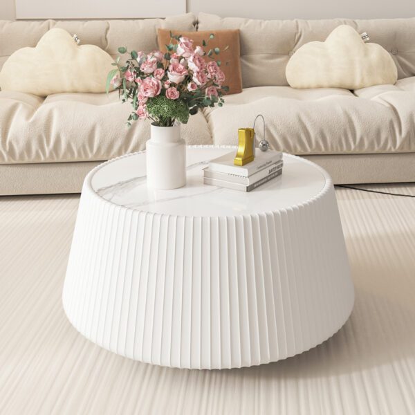 White Round Faux Marble Coffee Table with Vertical Fluted PU Leather Drum Base, Modern Minimalist Living Room Accent Table