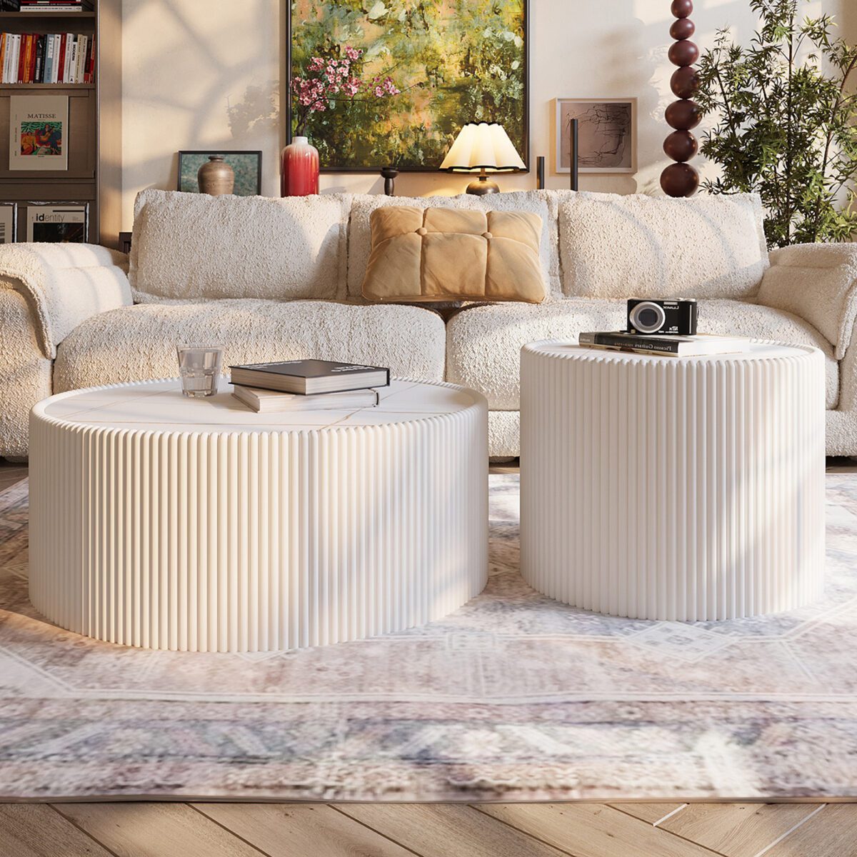 Round Faux Marble Top Coffee Table with Vertical Fluted PU Leather Drum Base, Modern Cream White Living Room Center Table - Image 4
