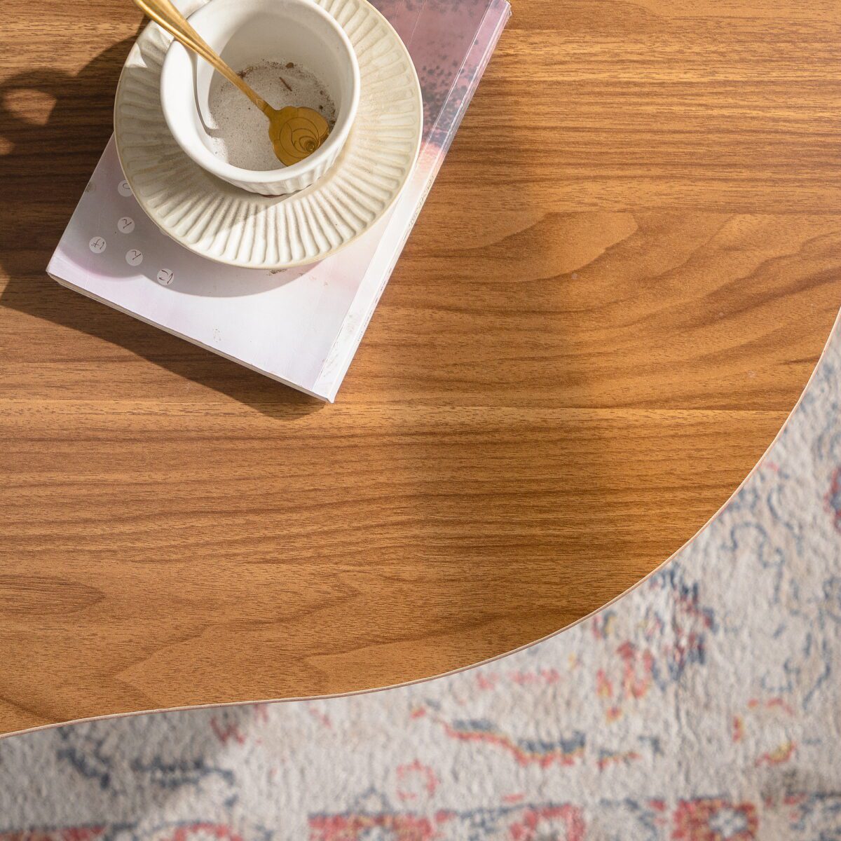Irregular Organic Walnut Grain MDF Coffee Table, Modern Gloss Cylindrical Leg Accent Table - Image 4