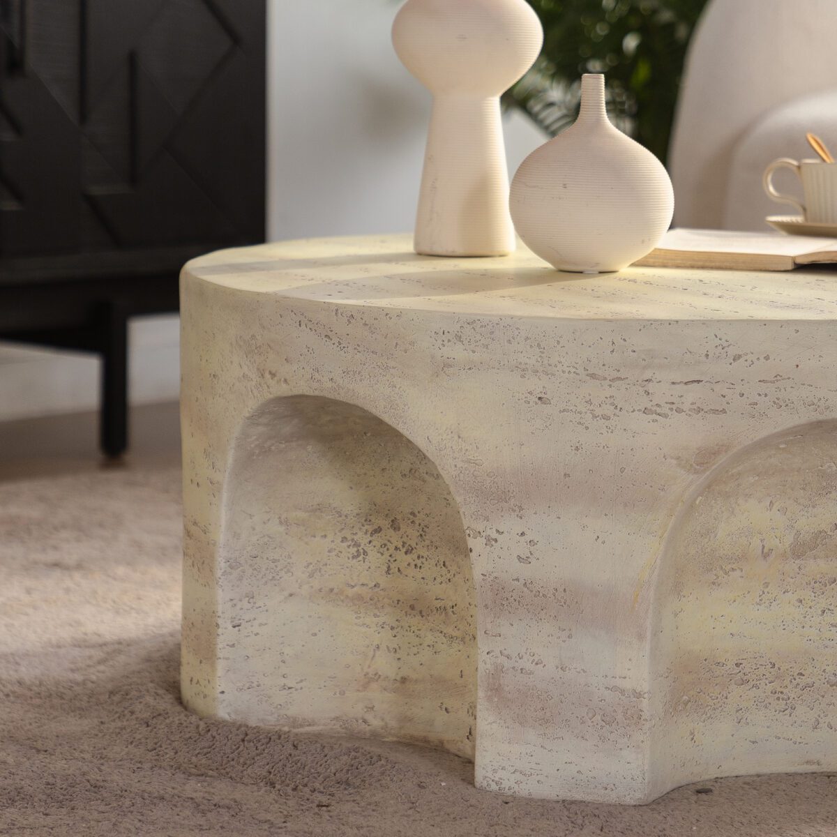 Round Travertine-Effect MDF Coffee Table - Modern Organic Accent Table with Arched Cutouts - Image 5