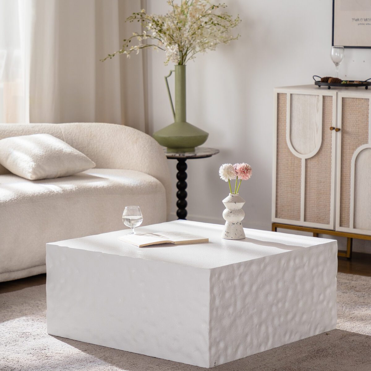 White Hammered-Textured MDF Cube Coffee Table - Modern Square Block Accent Table - Image 4