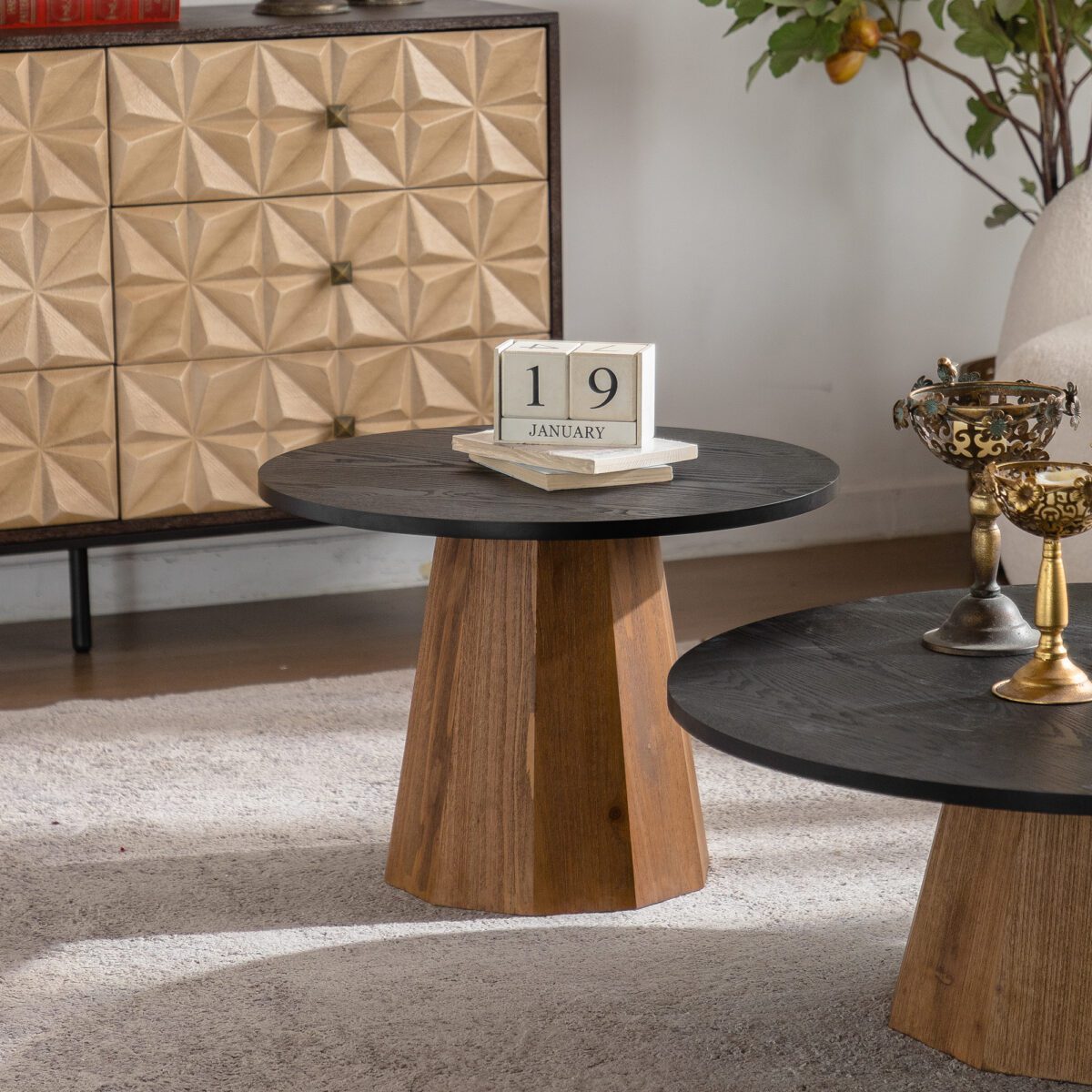 Two-Tone Round MDF Side Table - Modern Faceted Pedestal Accent Table - Image 5