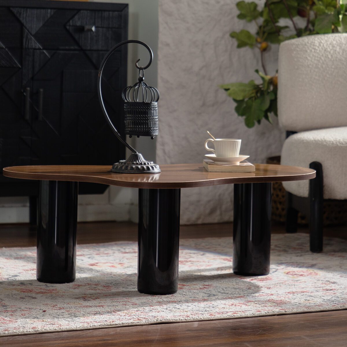 Irregular Organic Walnut Grain MDF Coffee Table, Modern Gloss Cylindrical Leg Accent Table - Image 5