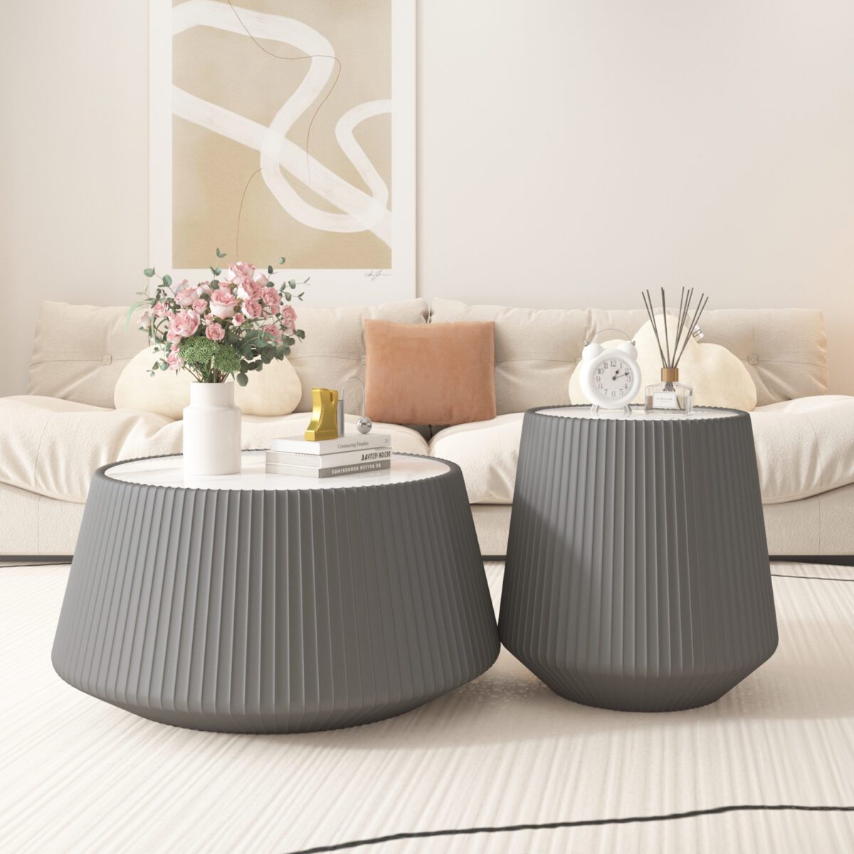 Round Faux Marble Top Coffee Table with Vertical Fluted PU Leather Wrapped Drum Base, Modern Minimalist Accent Table - Image 4