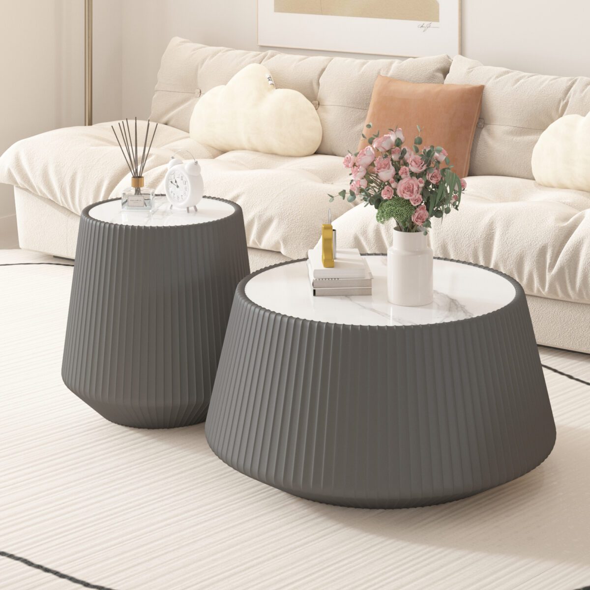 Round Faux Marble Top Side Table with Vertical Fluted PU Leather Drum Base, Modern Cone Accent End Table - Image 4