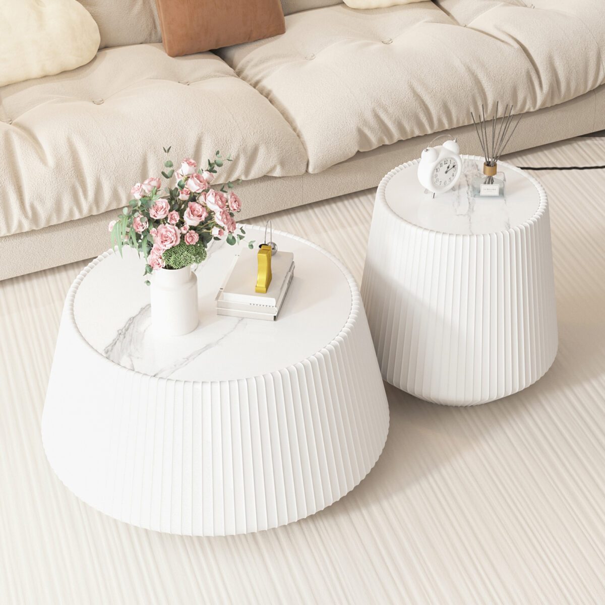 White Round Faux Marble Coffee Table with Vertical Fluted PU Leather Drum Base, Modern Minimalist Living Room Accent Table - Image 3