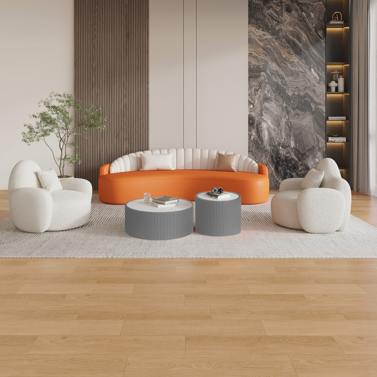 Set of 2 Nesting Round Coffee Tables, Faux Marble Top with Vertical Fluted PU Leather Hollow Drum Base Accent Table Set（Grey） - Image 4