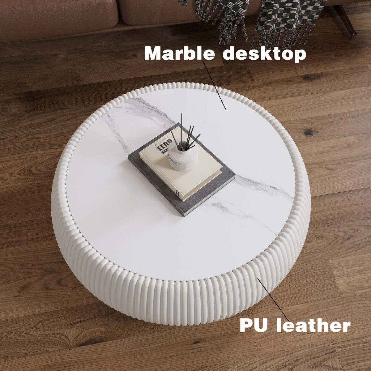 White Round Faux Marble Coffee Table with Vertical Fluted PU Leather Hollow Drum Base, Modern Minimalist Living Room Center Table - Image 4