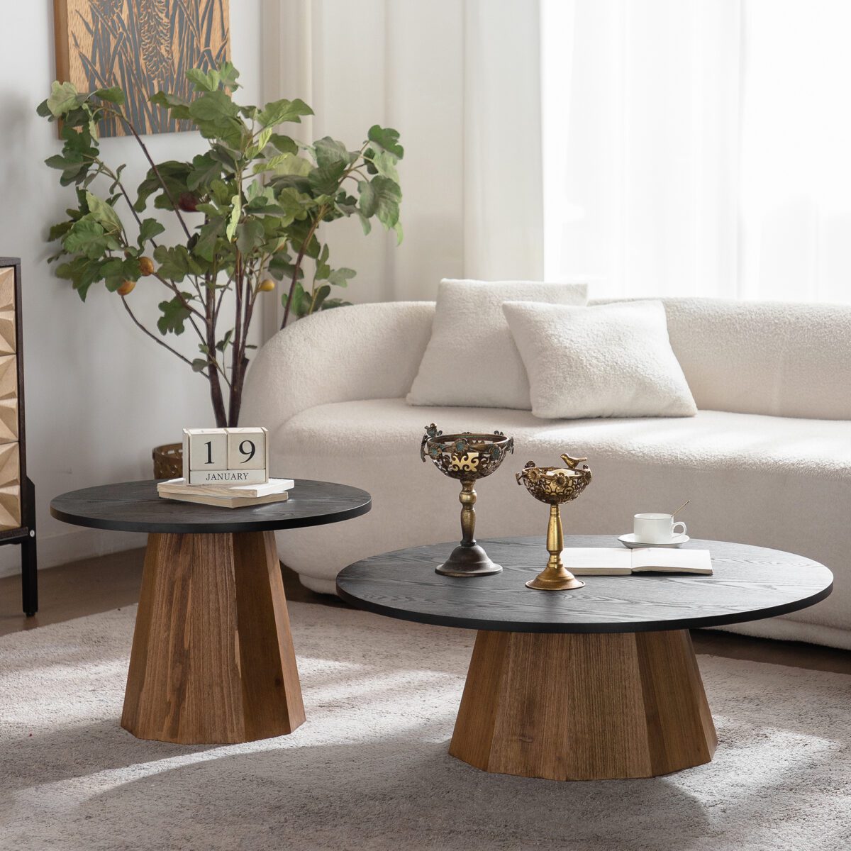 Two-Tone Round MDF Coffee Table - Modern Pedestal Accent Table with Wood Veneer Finish - Image 5