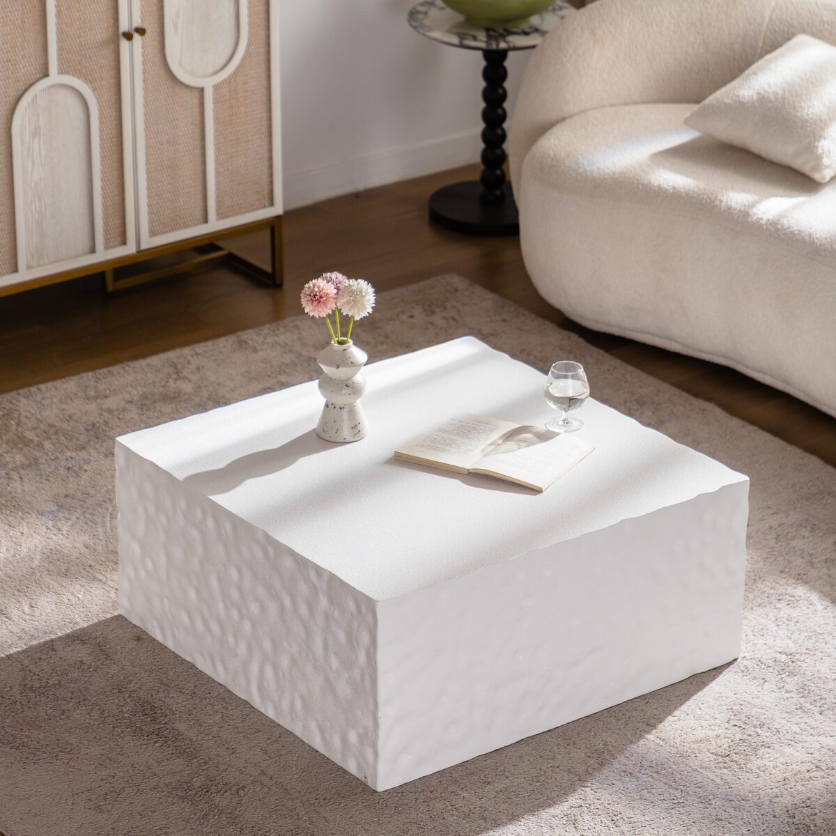 White Hammered-Textured MDF Cube Coffee Table - Modern Square Block Accent Table - Image 5