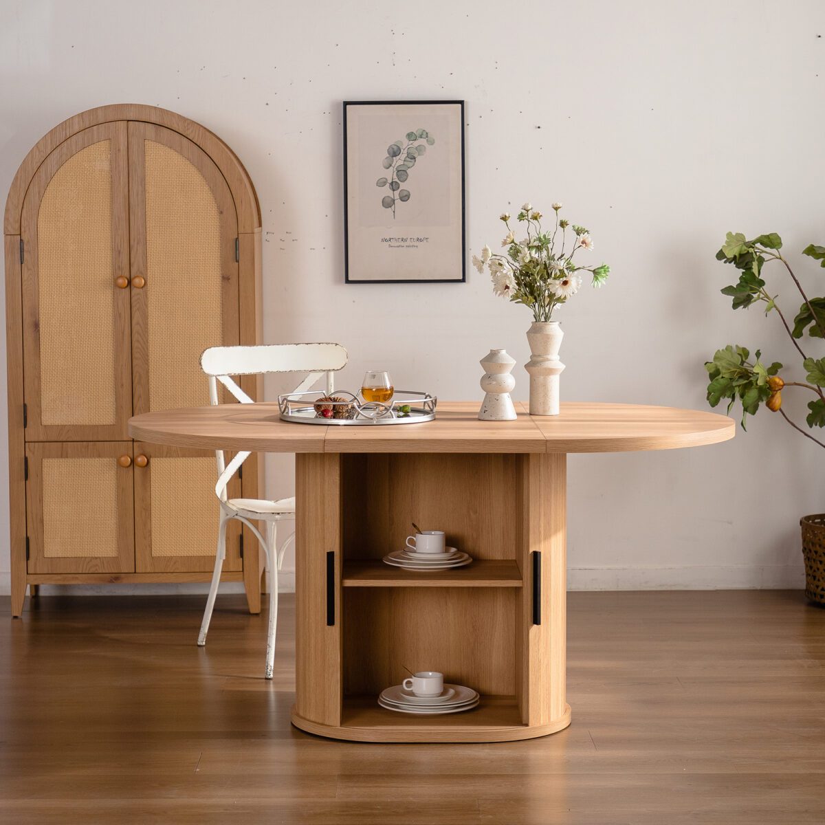Oval MDF Dining Table with Storage Cabinet, Fluted Pedestal Wood Grain Kitchen Table - Image 5