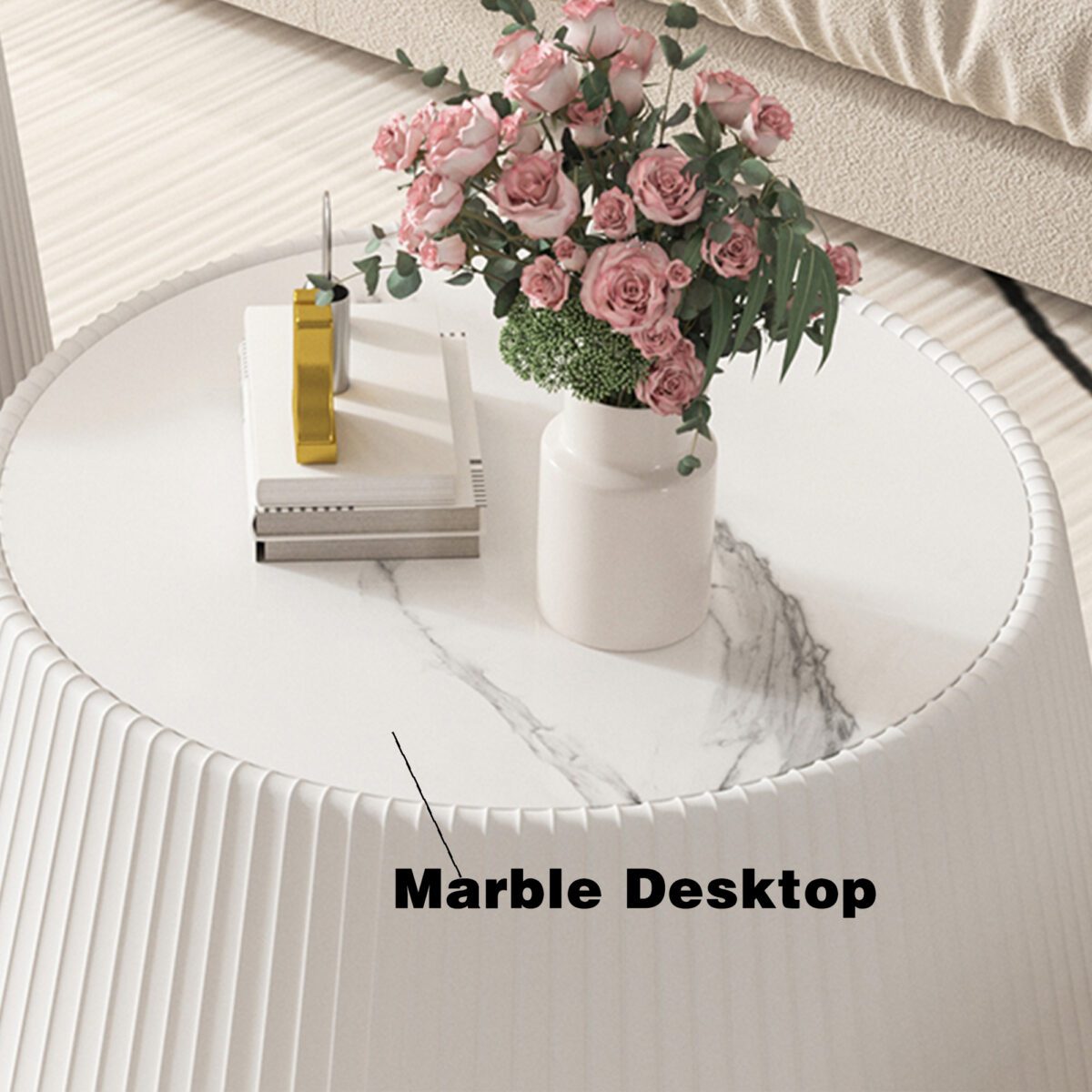White Round Faux Marble Coffee Table with Vertical Fluted PU Leather Drum Base, Modern Minimalist Living Room Accent Table - Image 4