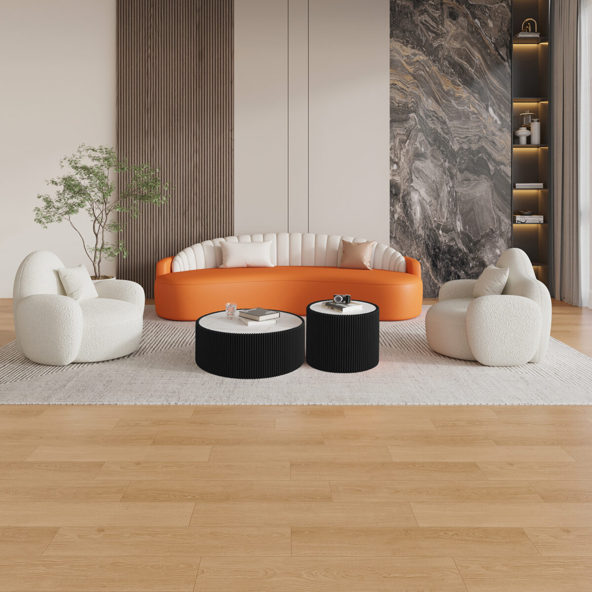 Set of 2 Nesting Round Coffee Tables, Faux Marble Top with Vertical Fluted PU Leather Hollow Drum Base Accent Table Set - Image 5