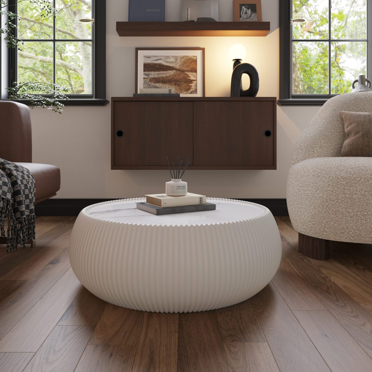 White Round Faux Marble Coffee Table with Vertical Fluted PU Leather Hollow Drum Base, Modern Minimalist Living Room Center Table - Image 3