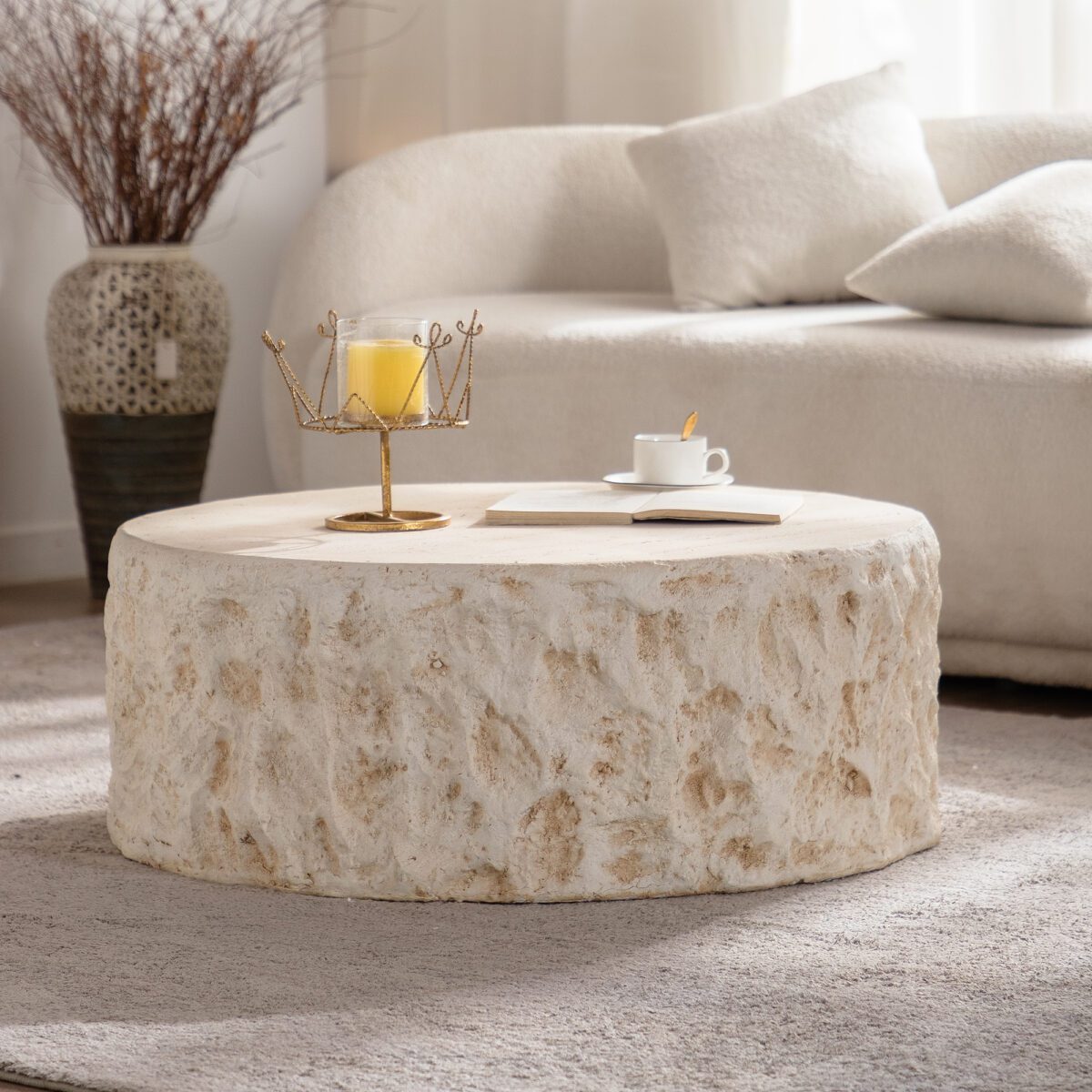 Round Travertine-Effect MDF Coffee Table - Organic Drum Accent Table - Image 4