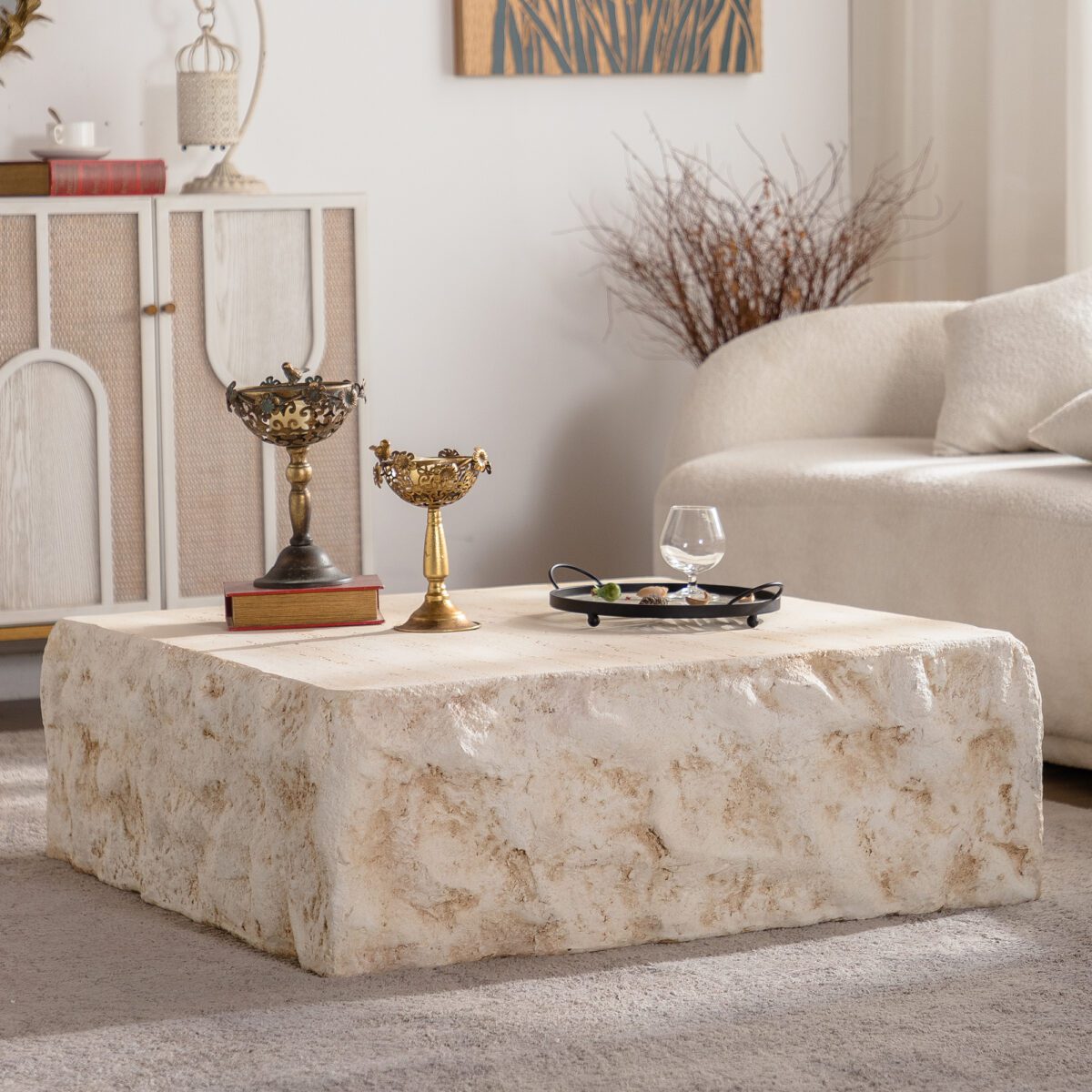 Travertine-Effect MDF Cube Coffee Table - Organic Square Block Accent Table - Image 5