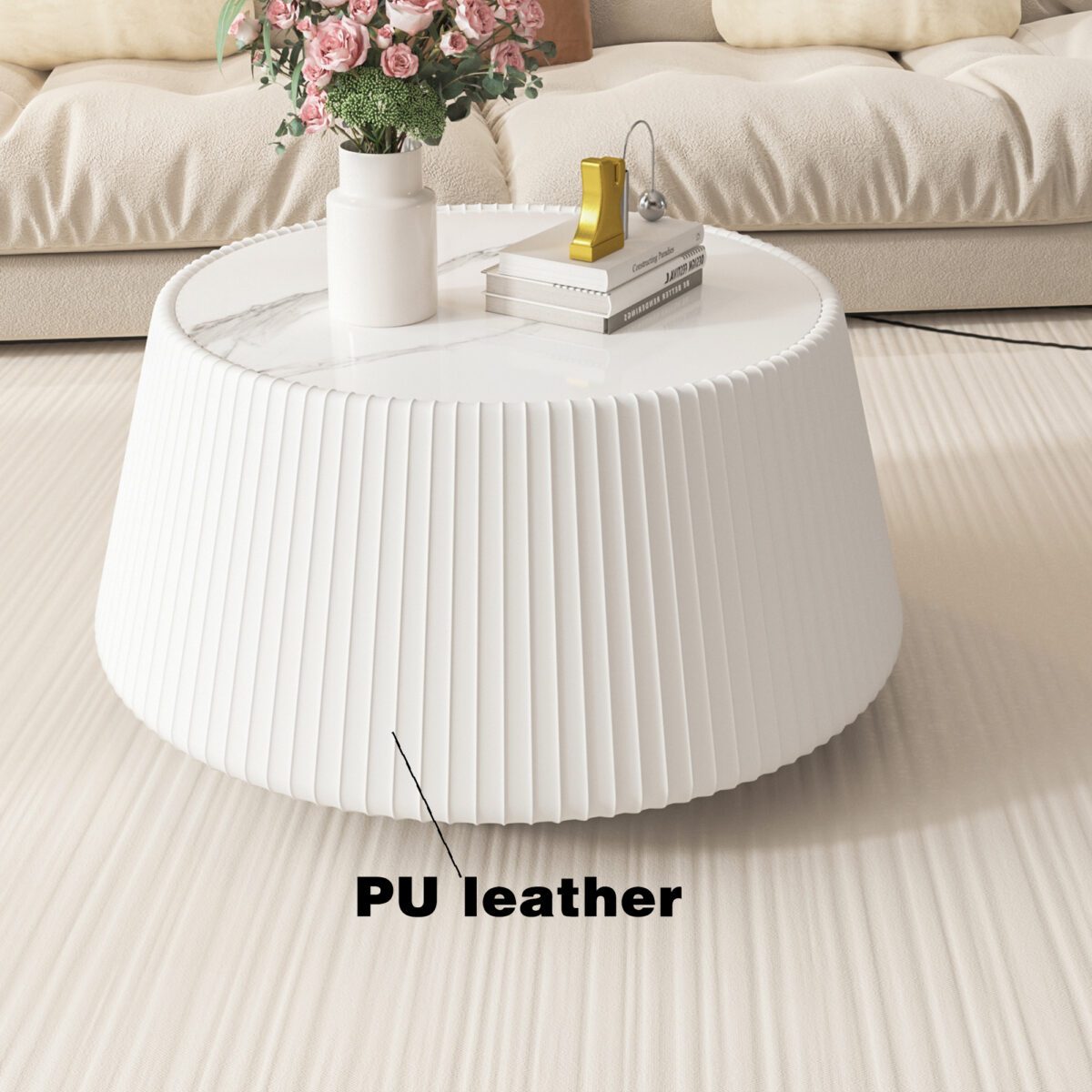 White Round Faux Marble Coffee Table with Vertical Fluted PU Leather Drum Base, Modern Minimalist Living Room Accent Table - Image 5