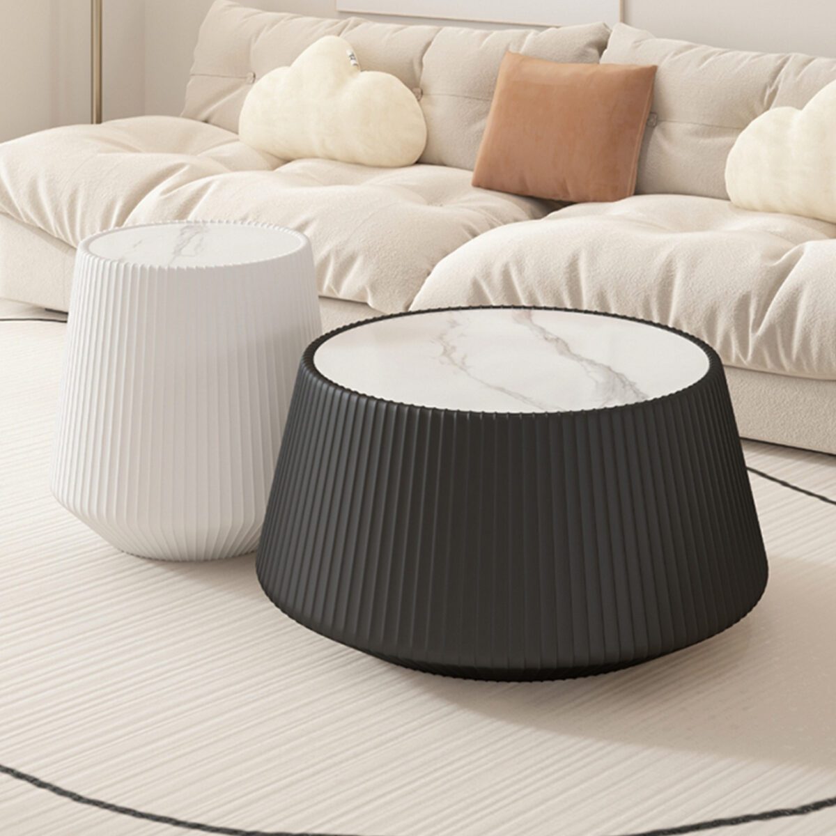 Black Round Faux Marble Top Coffee Table with Vertical Fluted PU Leather Drum Base, Modern Minimalist Living Room Accent Table - Image 3