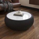 Black Round Faux Marble Coffee Table with Vertical Fluted PU Leather Hollow Drum Base, Modern Minimalist Living Room Center Table