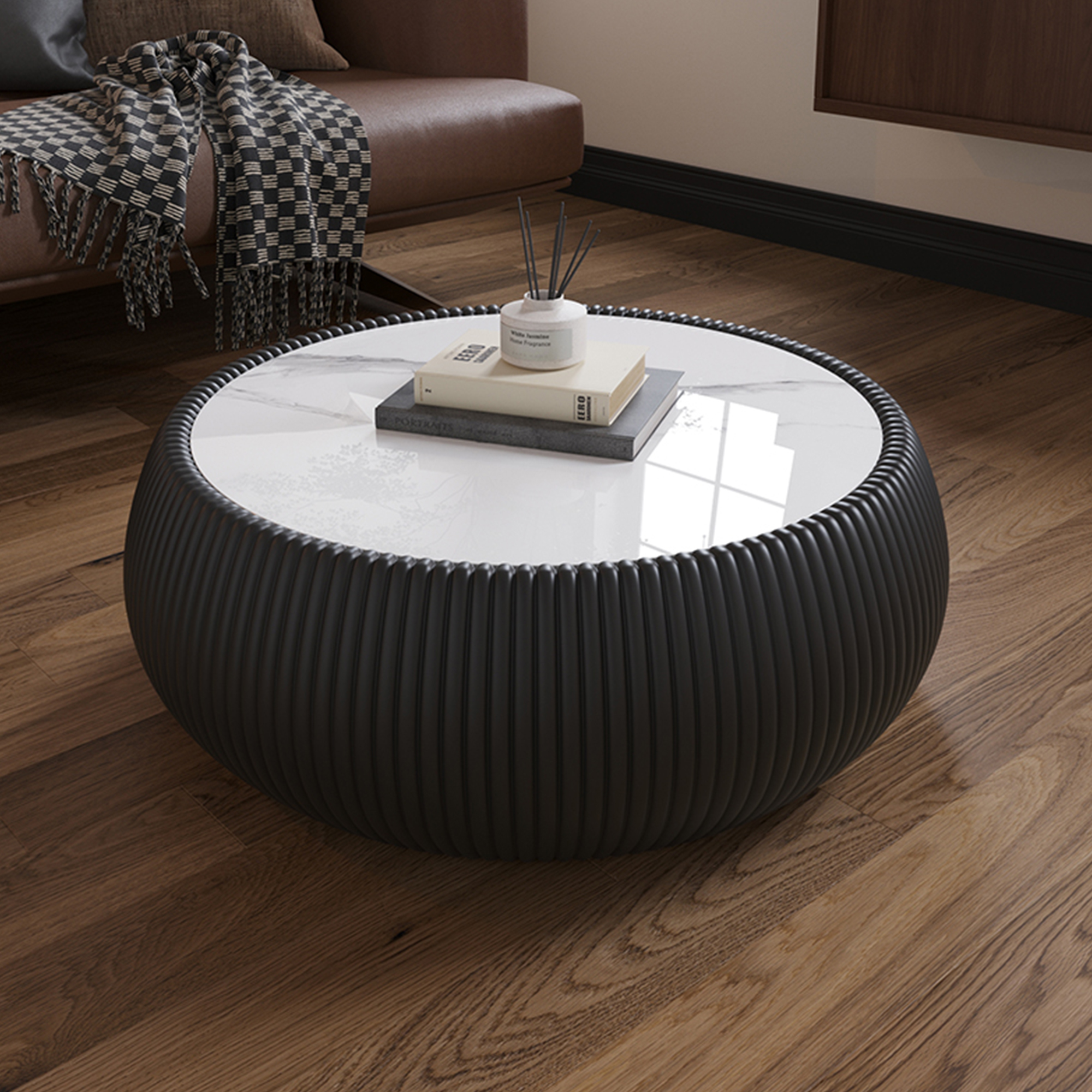7 Black Round Faux Marble Coffee Table with Vertical Fluted PU Leather Hollow Drum Base, Modern Minimalist Living Room Center Table - Image 1