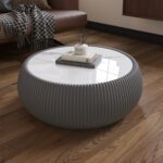 Gray Round Faux Marble Coffee Table with Vertical Fluted PU Leather Hollow Drum Base, Modern Minimalist Living Room Center Table