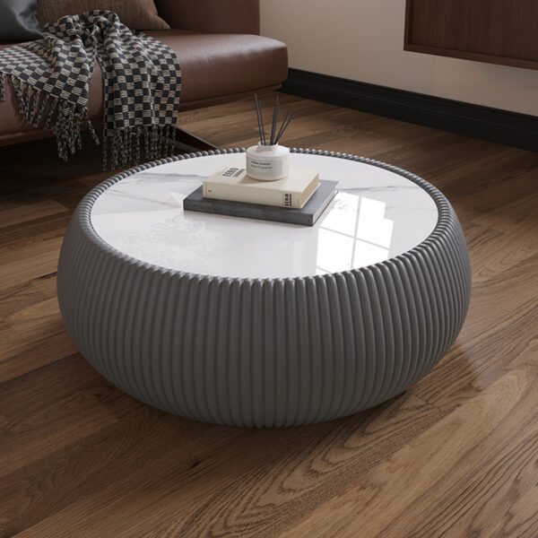 Gray Round Faux Marble Coffee Table with Vertical Fluted PU Leather Hollow Drum Base, Modern Minimalist Living Room Center Table