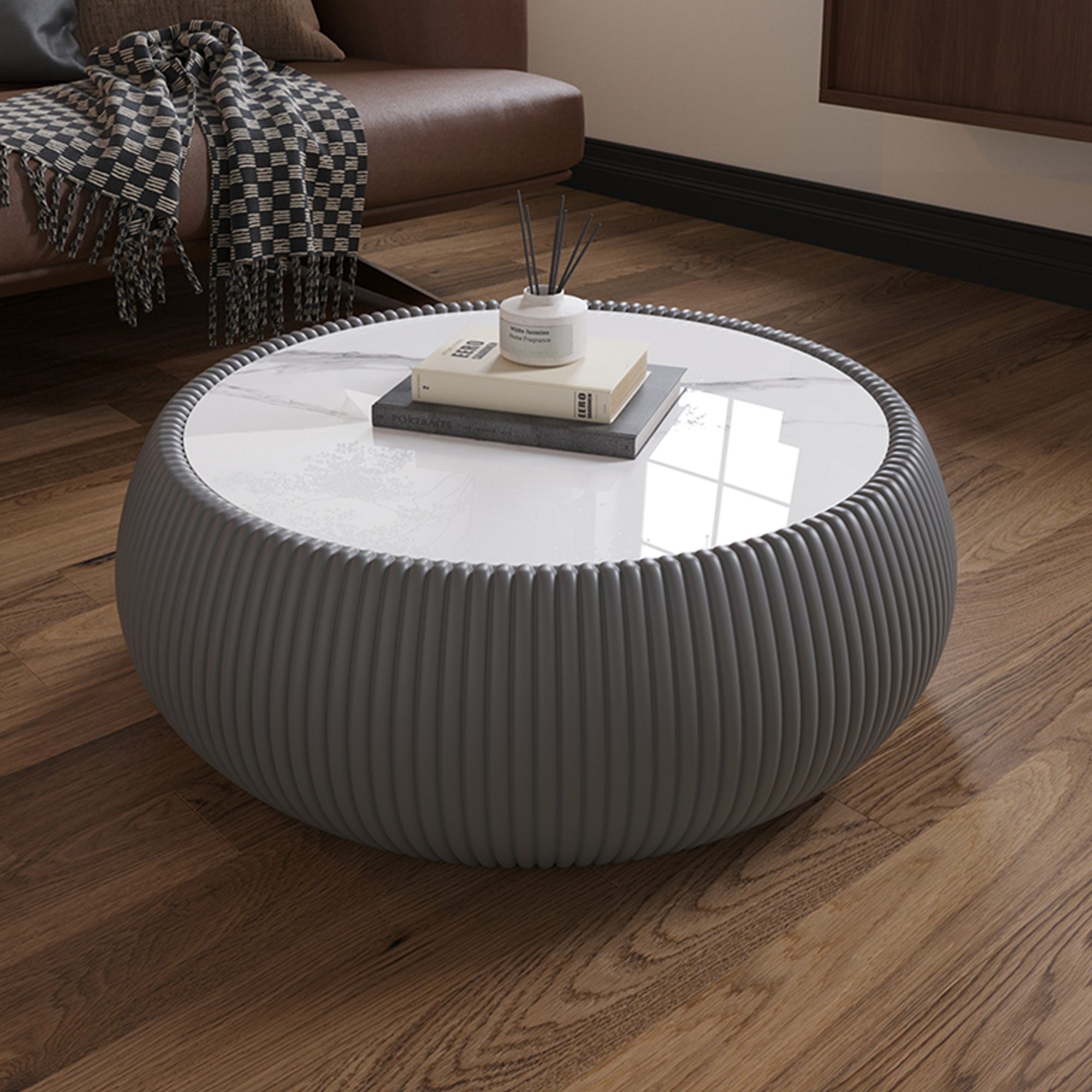 8 Gray Round Faux Marble Coffee Table with Vertical Fluted PU Leather Hollow Drum Base, Modern Minimalist Living Room Center Table - Image 1