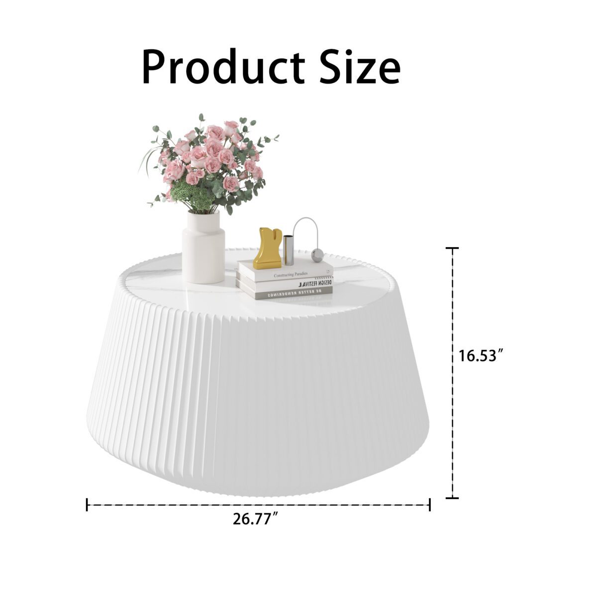 White Round Faux Marble Coffee Table with Vertical Fluted PU Leather Drum Base, Modern Minimalist Living Room Accent Table - Image 6