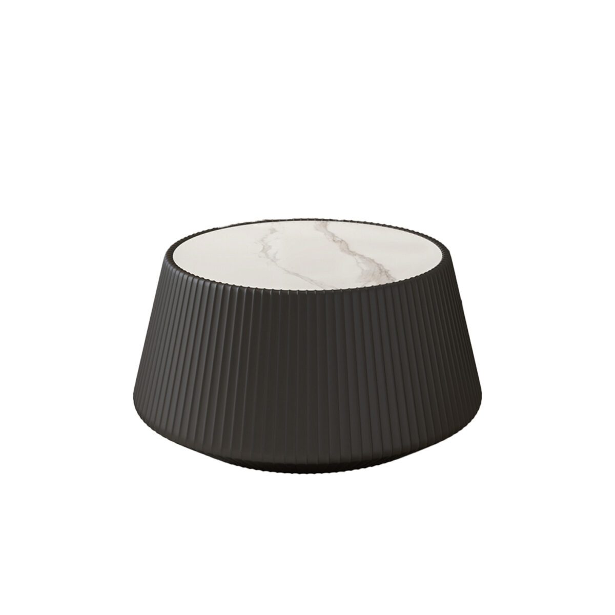 Black Round Faux Marble Top Coffee Table with Vertical Fluted PU Leather Drum Base, Modern Minimalist Living Room Accent Table - Image 4