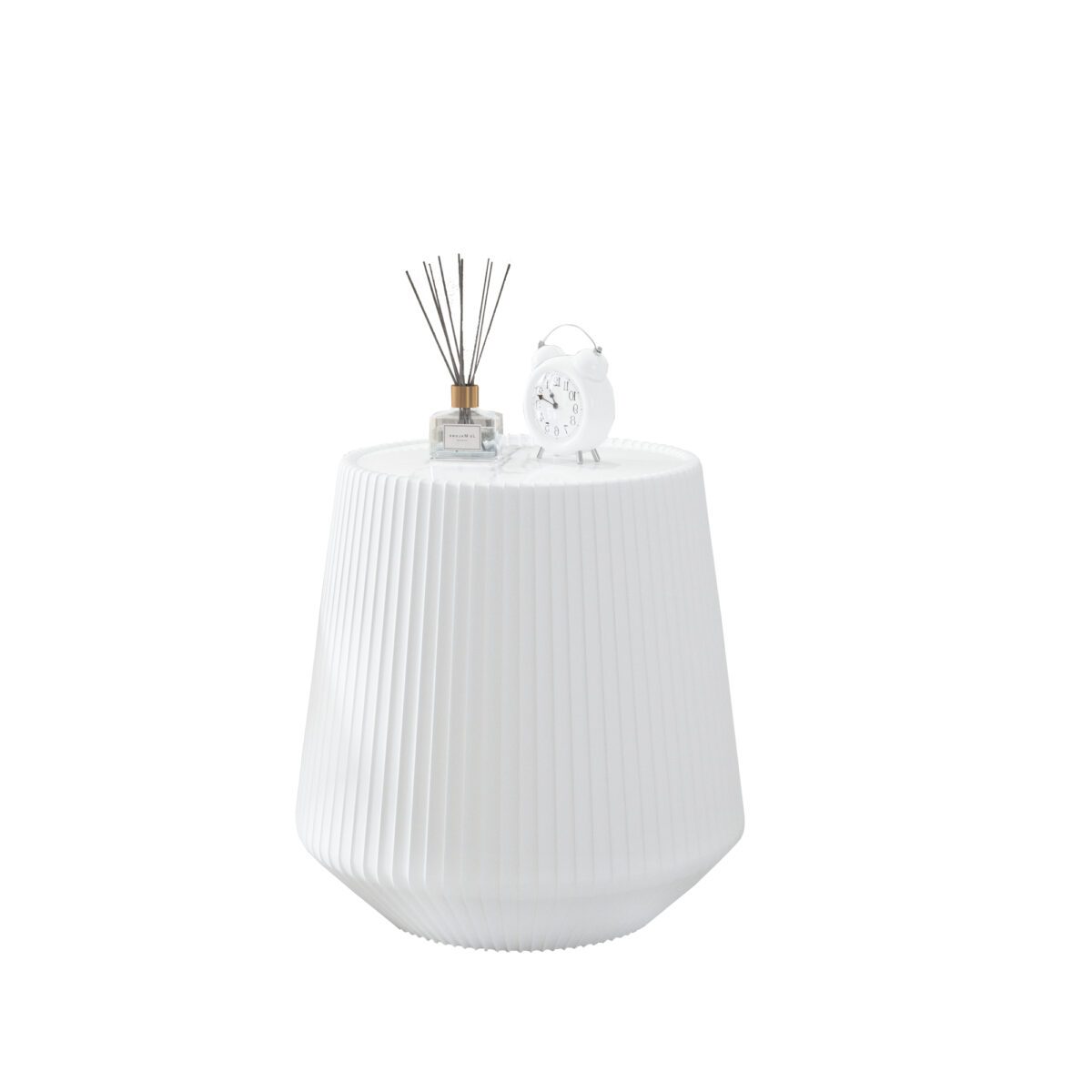 White Round Faux Marble Top End Table with Vertical Fluted PU Leather Tapered Base, Modern Cone-Shaped Accent Side Table - Image 4