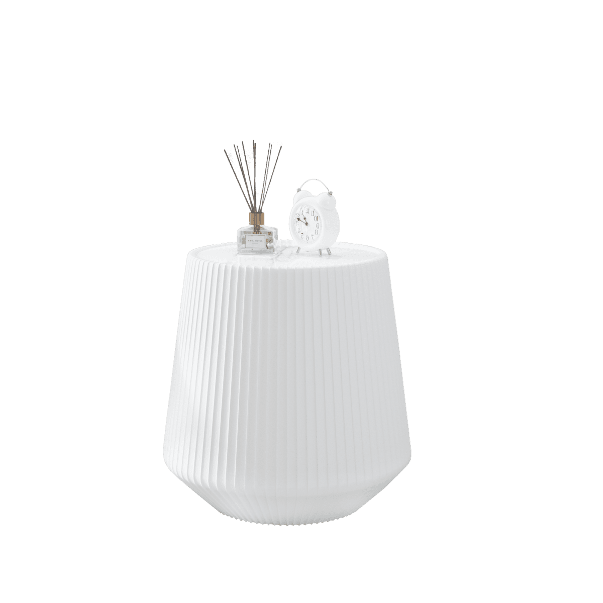 White Round Faux Marble Top End Table with Vertical Fluted PU Leather Tapered Base, Modern Cone-Shaped Accent Side Table - Image 6