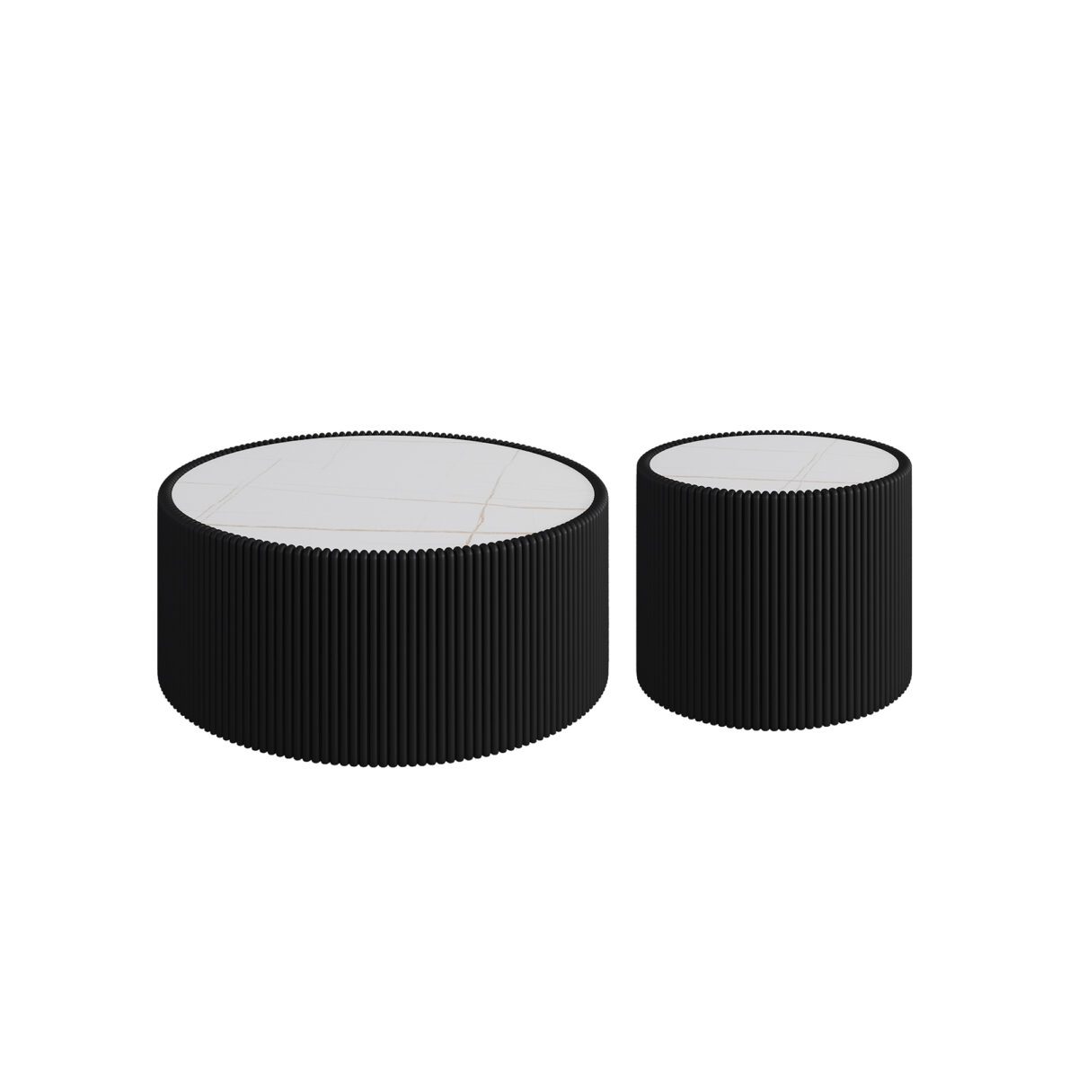 Set of 2 Nesting Round Coffee Tables, Faux Marble Top with Vertical Fluted PU Leather Hollow Drum Base Accent Table Set - Image 3