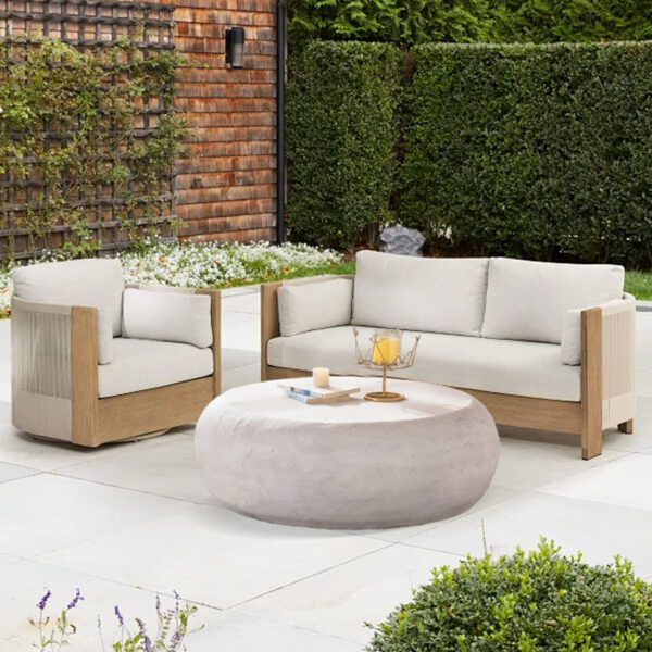 Outdoor Round Travertine-Effect  Coffee Table - Weather-Resistant Low-Profile Patio Accent Table