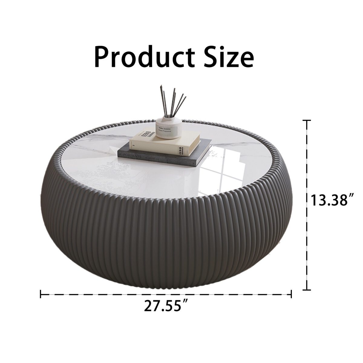 Gray Round Faux Marble Coffee Table with Vertical Fluted PU Leather Hollow Drum Base, Modern Minimalist Living Room Center Table - Image 3