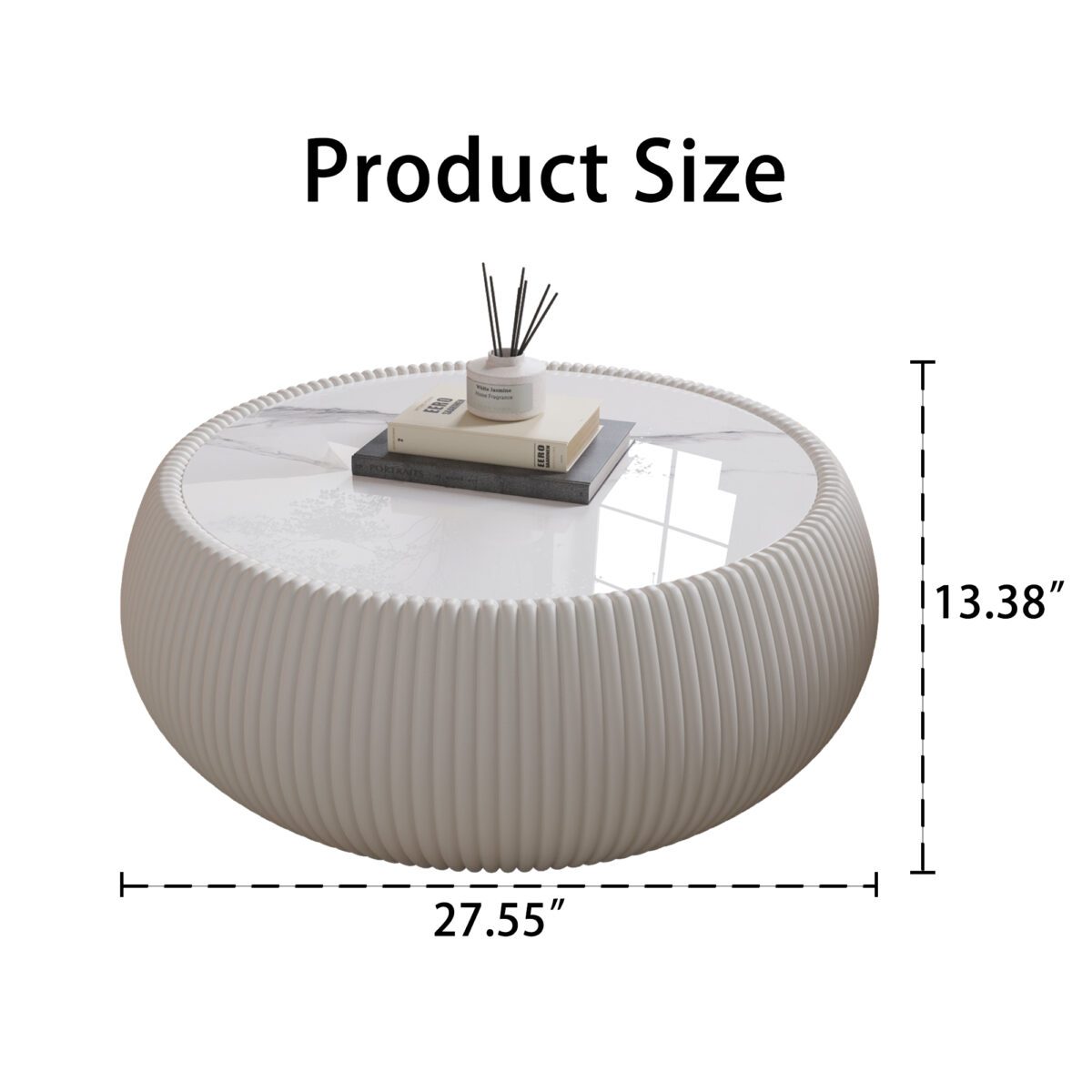 White Round Faux Marble Coffee Table with Vertical Fluted PU Leather Hollow Drum Base, Modern Minimalist Living Room Center Table - Image 7