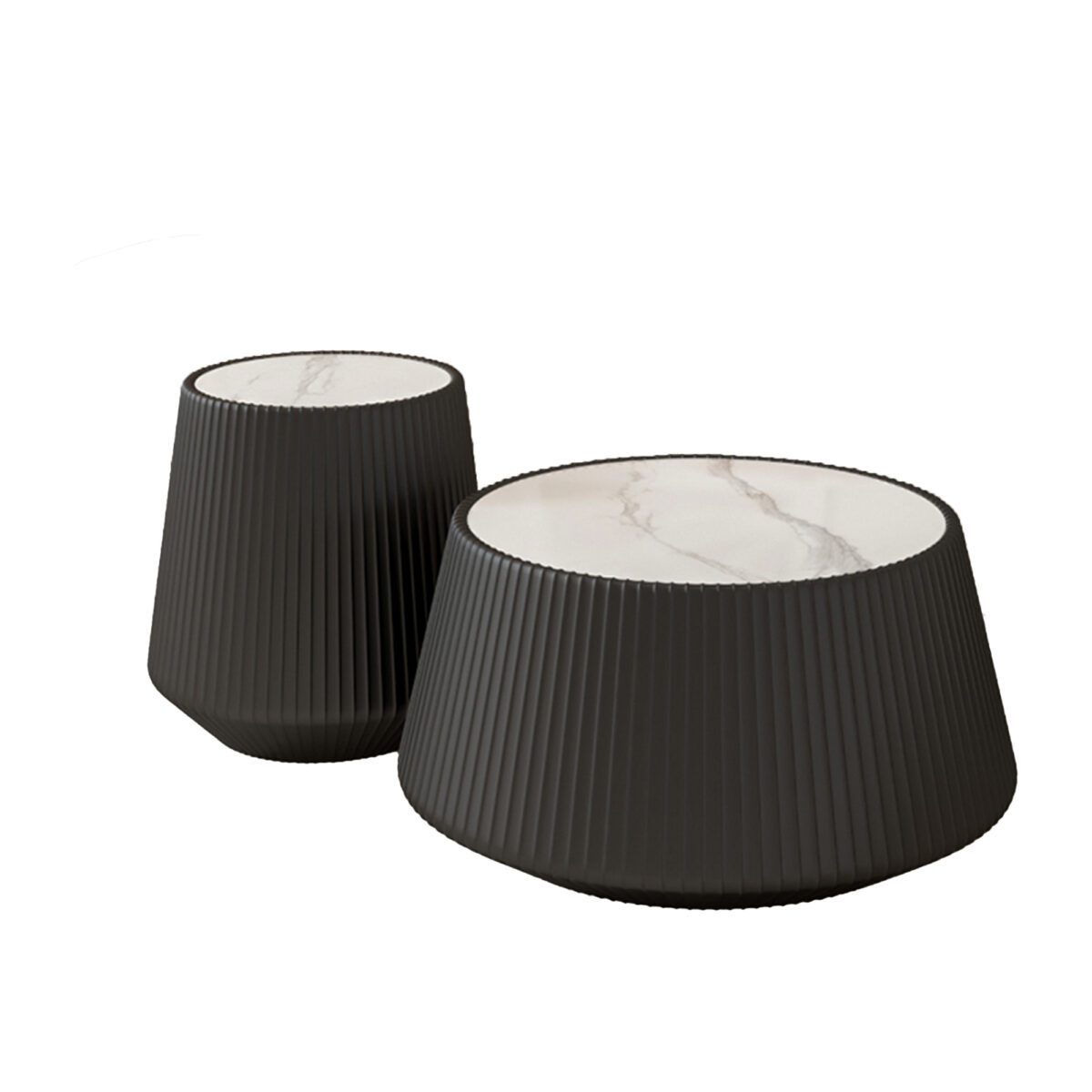 Black Round Faux Marble Top Side Table with Vertical Fluted PU Leather Cone Base, Modern Compact Accent End Table - Image 3