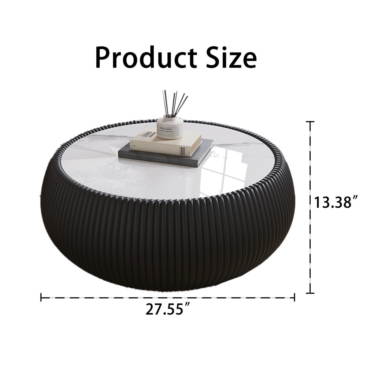 Black Round Faux Marble Coffee Table with Vertical Fluted PU Leather Hollow Drum Base, Modern Minimalist Living Room Center Table - Image 3