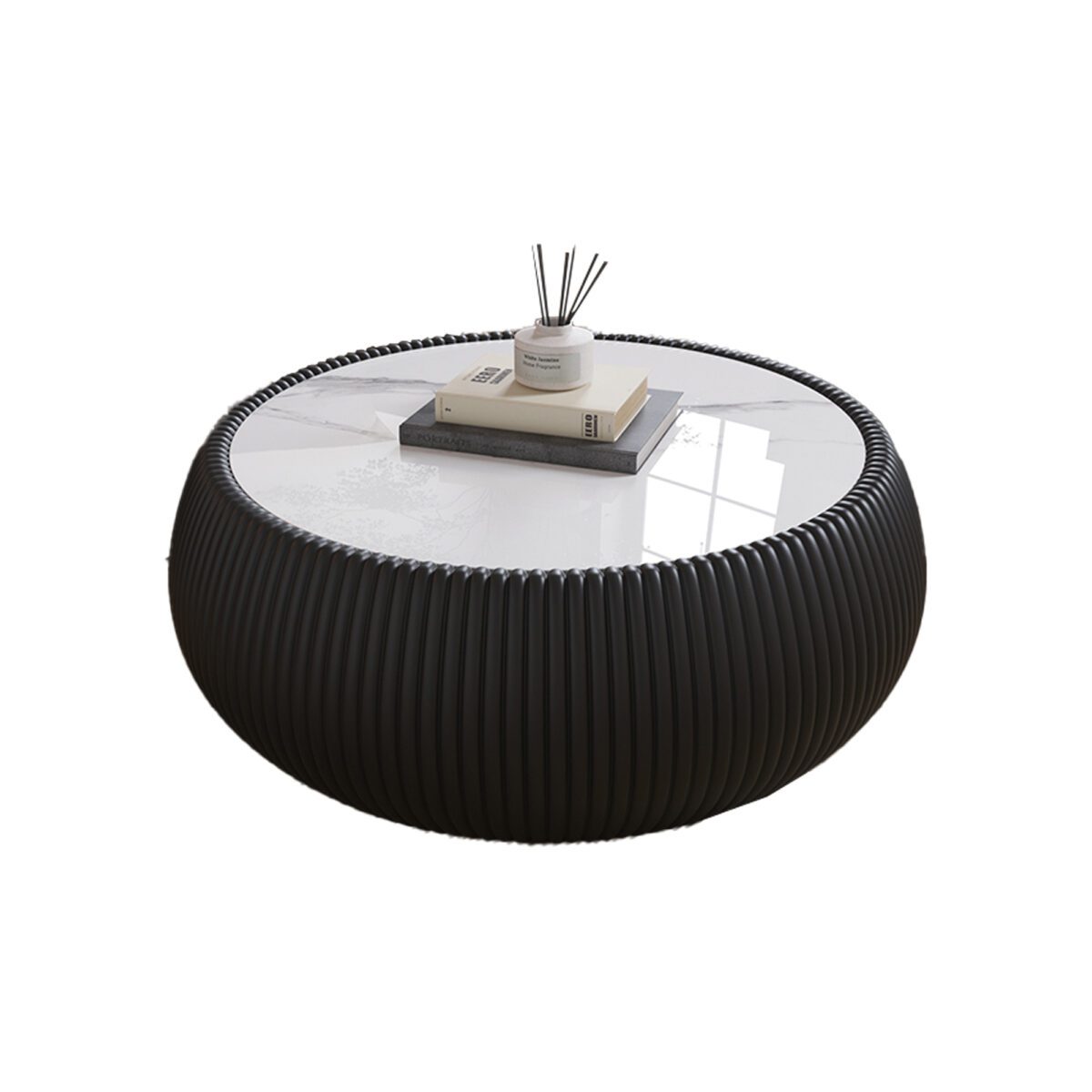 Black Round Faux Marble Coffee Table with Vertical Fluted PU Leather Hollow Drum Base, Modern Minimalist Living Room Center Table - Image 4